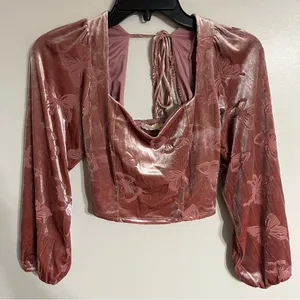 Altar'd State Velvet Butterfly‎ Crop Top Long Sleeve Pink Fairy XS thumbnail 1