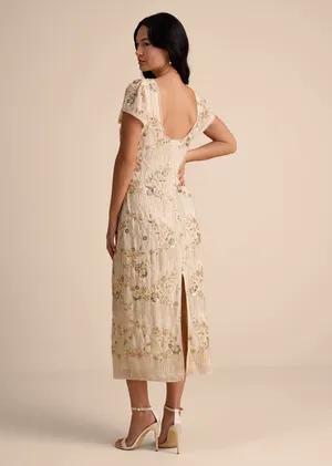 LULUS XS Ivory Puff Short Sleeve V Neck Floral Embroidered Midi Dress Back Slit thumbnail 3