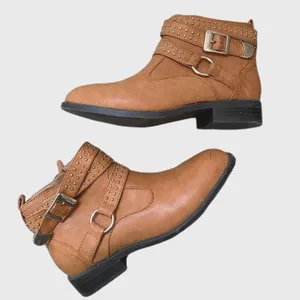 Tan Low Ankle Boots Vegan Faux Leather Women's 6.5 Studs Buckle Western Boho thumbnail 3