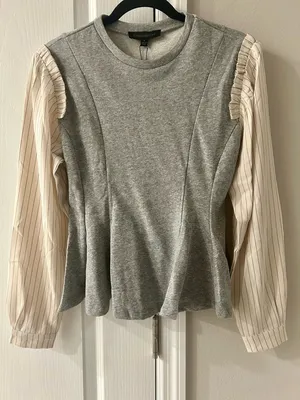 Dance & Marvel Heather Gray Sweatshirt Top with Cream Pinstripe Sleeves thumbnail 1