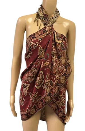 Source Unknown Burgundy Metallic Gold Paisley Print Wrap Scarf Pashmina Sarong Tapestry Fringed thumbnail 1