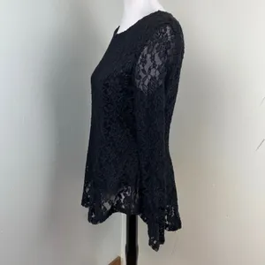 Carmen Marc Valvo Black Lace Long Sleeve Layered Top Medium thumbnail 6