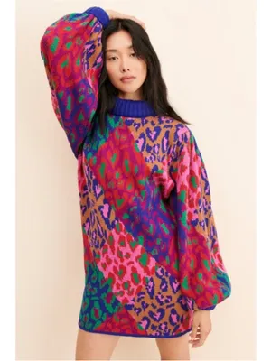 The Farm Rio Mixed Leopard Pop Sweater Oversized Dress Wool Blend Sz S thumbnail 3