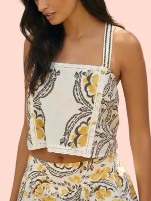 Anthropologie Oversized Cotton Boho Crop Top Botanical Floral Lace Trim Large thumbnail 1