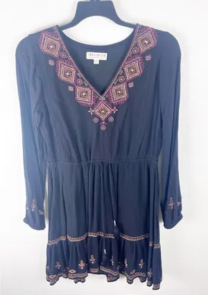 IDYLLWIND Hurst Black Embroidered Mini Dress Size Medium Western Festival Chic thumbnail 1