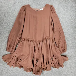 Bluivy Swing Dress Youth Medium Brown Ruffle Trim Fit & Flare Mini Lined Flowy thumbnail 1