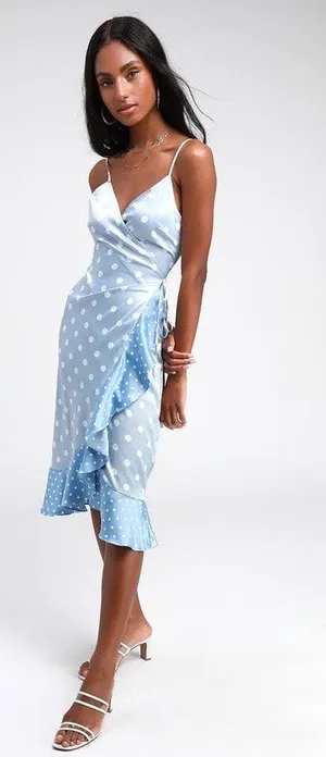 Lulus Love Dottie Polka Dot Satin Wrap Dress Blue Size Small NWT thumbnail 1