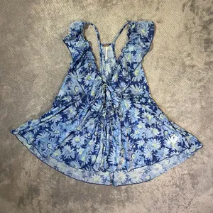 Free People Fearless Tank Blouse Blue Floral Ruffle Tie Front Sheer Peplum Med # thumbnail 2