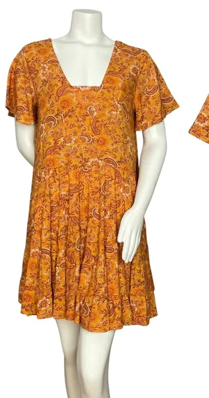 Patrons of Peace Babydoll Dress Paisley Floral Mini Women Sz Large‎ Boho Tiered thumbnail 1