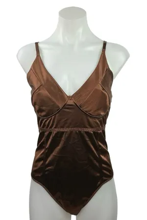Women's Brown Silk Satin V Neck Satin Camisole Bustier Corset Bodysuit Top Sz M thumbnail 1