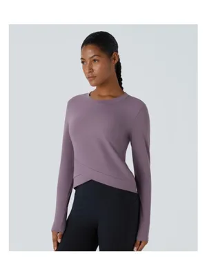 Size M Halara Plush Round Neck Crossover Hem Yoga Sports Top Black thumbnail 7