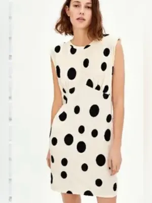 Zara Trafaluc beige sleeveless dress black polka dots and shoulder pads thumbnail 9