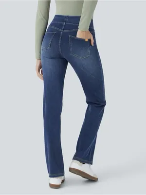 Halara Flex High Waisted Pockets Washed Casual Bootcut Jeans Size L Petite thumbnail 2