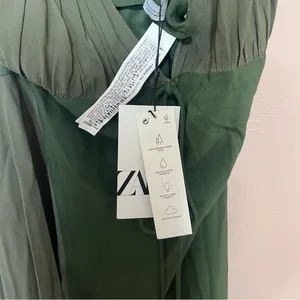 ZARA Green Patchwork Asymmetrical Mini Dress Cocktail Fairy Whimsy Boho Sz Medium NEW thumbnail 8