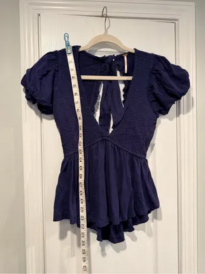 NWOT Free People Size S Blue Smocked Puff Sleeve Open Tie Back Babydoll Top thumbnail 8