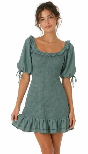 A Love Like You Dress Cottagecore Puff Sleeve Mini Dress Green Smocked Ruffle S thumbnail 1