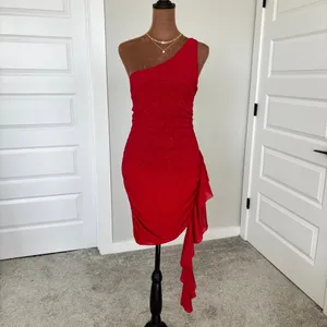 Privy Red One Shoulder Dress M Y2K Romantic Shimmer Homecoming Sorority Rush‎ thumbnail 2