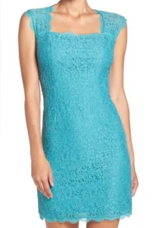 Adrianna Papell Teal Lace Cap-Sleeve Dress Sz 2 thumbnail 1