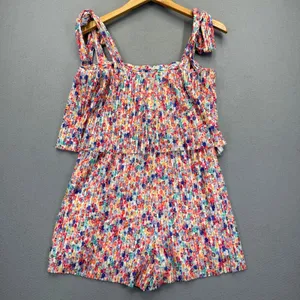 Amanda Uprichard Floral Pleated Romper Tie Shoulder Square Neck Multicolor M thumbnail 9