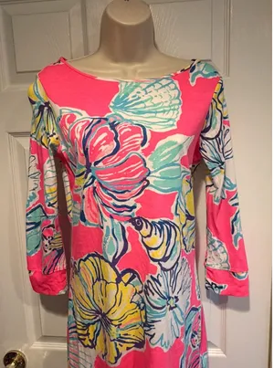 Lilly Pulitzer‎ Pink Floral Pima Cotton Boat Neck Sheath Dress Womens Small thumbnail 1