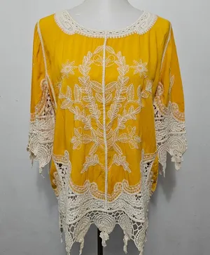 Cato Sunflower Yellow Embroidered Crochet Trim Tunic Size Large thumbnail 1