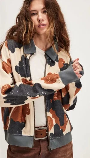 $148 FREE PEOPLE Cabin Cardigan zip jacket in happy cow combo S thumbnail 1