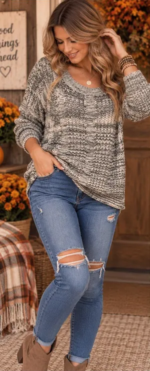 POL Marled Scoop Neck Sweater in Gray and Cream thumbnail 1