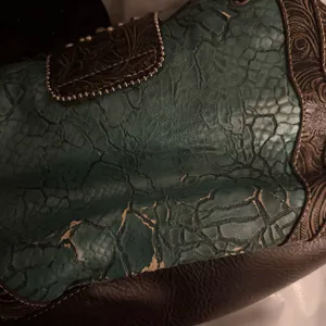 Y2K 2000s Western Mcbling Bimbo Goth Leather Rhinestone Large Buckle Hand Shoulder Bag Purse Preppy bedazzled silver stud blue turquoise brown #cowgirl #whimsygoth #grunge #punk #stagecoach festival Measurement in pics Some distressing see pics thumbnail 9