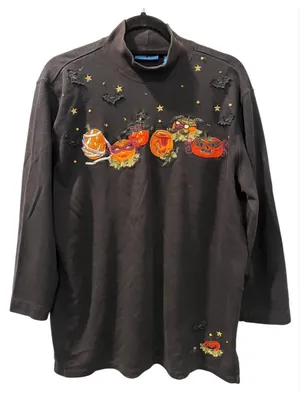 Vintage 90s Karen Scott Halloween Embroidered Mock Neck Shirt Pumpkin Large L thumbnail 1
