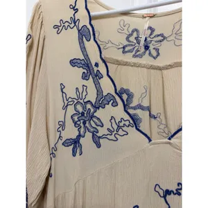Free People Embroidered Boho Mini Dress Cream Blue Floral V-Neck Peasant Medium thumbnail 5