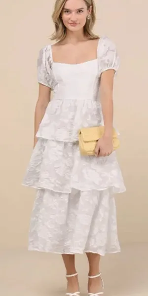 Lulu's White Tiered Puff-Sleeve Midi Dress with Square Neck thumbnail 1