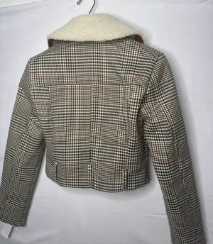 NWOT House of Harlow 1960 plaid faux shearling collar cropped jacket sz XS thumbnail 6