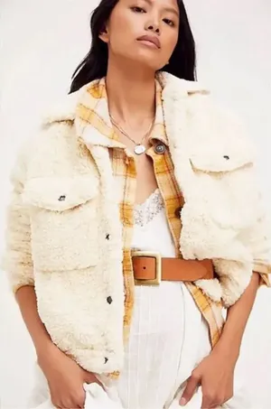 We The Free Teddy Swing Jacket‎ Ivory Size M Cropped Button Front Cozy Casual thumbnail 1