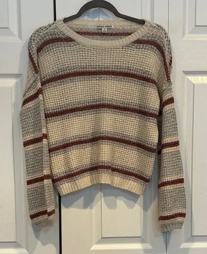 Striped Knit Sweater in Cream and Brown thumbnail 1