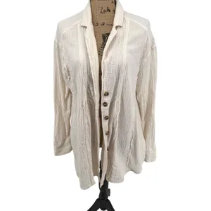 Free People All About The Feels M Gauze Cotton Button Up Top Ivory Boho Peasant‎ thumbnail 2