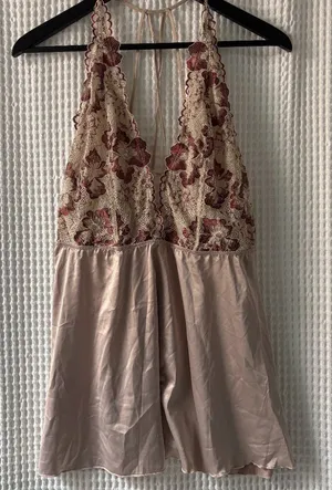 Auden demure taupe floral lace satin slip dress nightie coquette fairy whimsy XL thumbnail 1