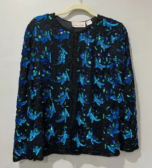 VTG Laurence Kazar SEQUIN Beaded EVENING SILK‎ JACKET Women's S Blue Black. thumbnail 1