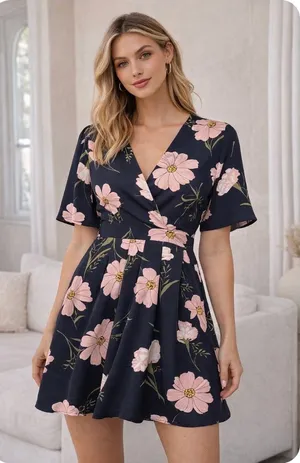 FAVLUX Fashion Navy Blue Floral V-Neck Romper with Flutter Sleeves thumbnail 1