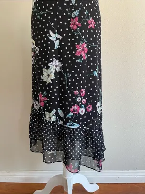 Floral Polka Dot Midi Skirt - Black with Pink & Mint Flowers Size XL thumbnail 3