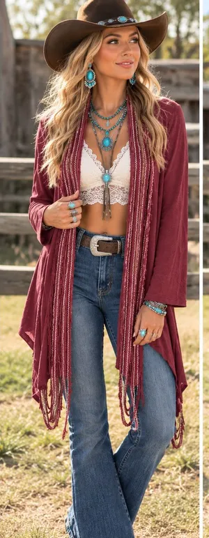 BKE Boutique Buckle Burgundy Fringe Duster Cardigan M thumbnail 1