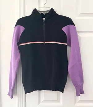 Obermeyer Sascha Vintage Wool Black Purple Stripe Quarter Zip Ski Sweater Large thumbnail 1