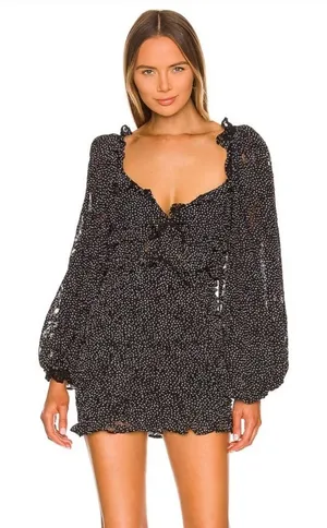 NWT For Love & Lemons Lelia Lace Mini Dress Black White Polka Dot XS thumbnail 1