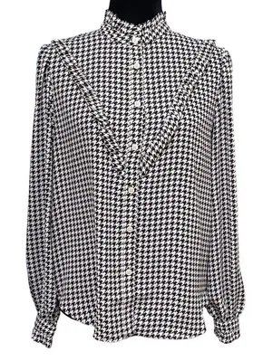 Ann Taylor Houndstooth Ruffle Neck Button Up Long Sleeve Blouse Small thumbnail 1