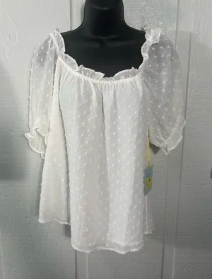 Cece Womens Shirt Puff Sleeve Square Neck Ruffle Dot White Top Size Small NWT thumbnail 1