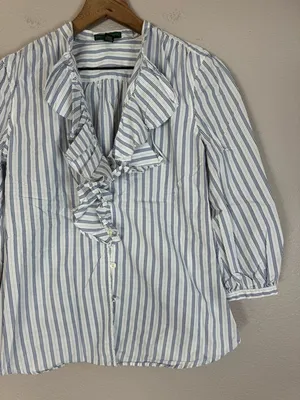 Ralph Lauren Jeans Company Cotton Striped Ruffle Blue White Blouse Medium thumbnail 3