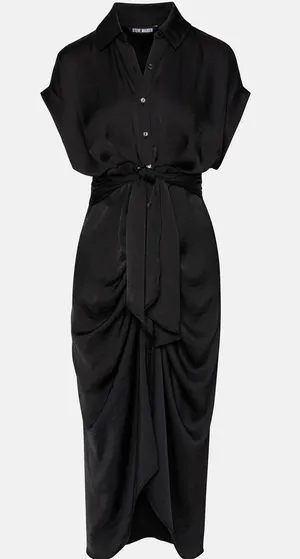 NWT Steve Madden Tori Black Satin Ruched Tie Waist Midi Dress Size 6 thumbnail 1