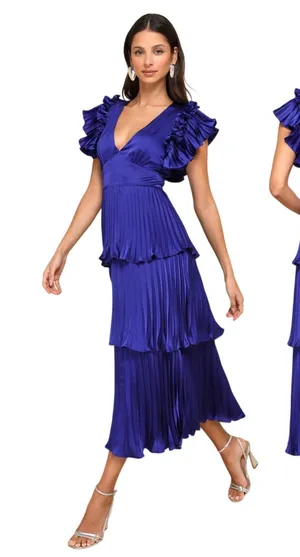 Lulus Stunning Desire Cobalt Blue Satin Pleated Tiered Midi Dress size XXL NWT thumbnail 1
