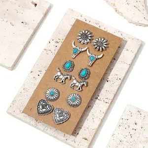 6 Pairs Vintage Western Turquoise Earrings Set – Boho Chic Jewelry, heart, horse thumbnail 2