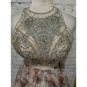 Camille La Vie beaded bodice multi layer tulle floral Halter Neck gown Size 4 thumbnail 3