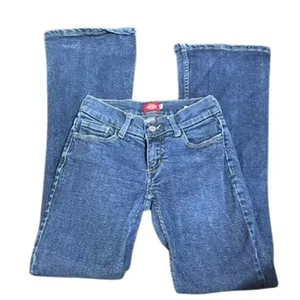 Dickies Girl Women Dark Wash Flare Leg Low Rise Denim Jeans Size 3 thumbnail 1
